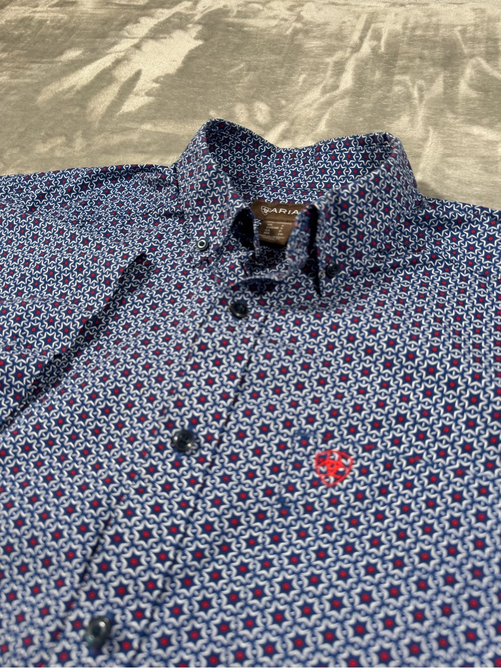 Ariat Mens S Blue Geometric Print Short Sleeve Button Down Cotton Shirt
